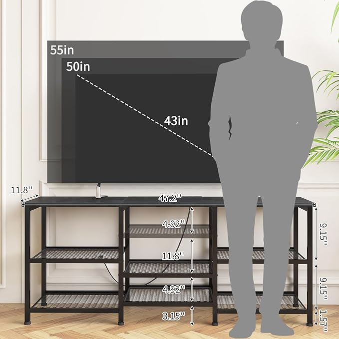 YGEOMER TV Stand for TVs Up to 55 Inches Entertainment Center with Power Outlet and LED Lights Open Storage Shelves TV Media Console Table for Living Room and Bedroom Black