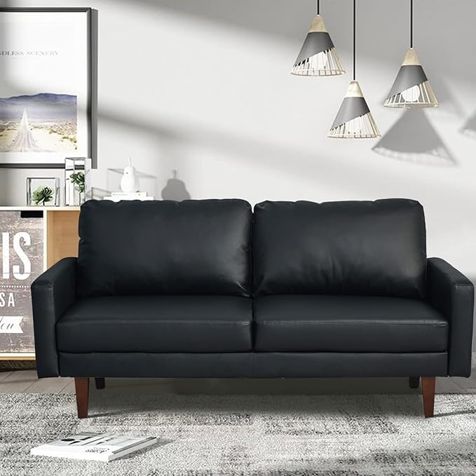 Faux Leather Sofa Mid-Century Modern Couch with Wooden Legs for Living Room Office Black