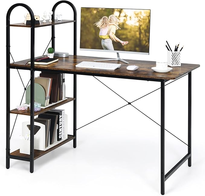 Tangkula 48-Inch Reversible Computer Desk with Storage Shelves Home Office Study Writing Desk with Bookshelves Writing Computer Workstation Home Office Desk (Rustic Brown)