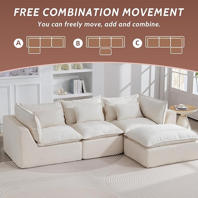 102 Cloud Sectional Sofa with Ottoman Waffle Knit Boneless Couch for Living Room Deep Seat Modular Foam Sofa Anti-Sagging 3-Seater SetWhite
