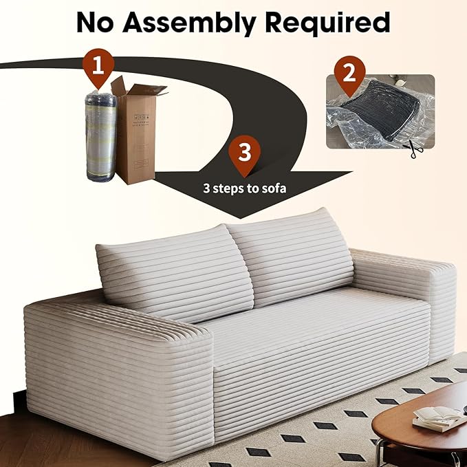 71 Sofa in a Box Compressed Boneless Couch with Wide Armrests &amp 2 Cushions Cloud loveseat Sofa for Living Room Memory Foam Deep Seat Corduroy Fabric No Assembly (White 3)