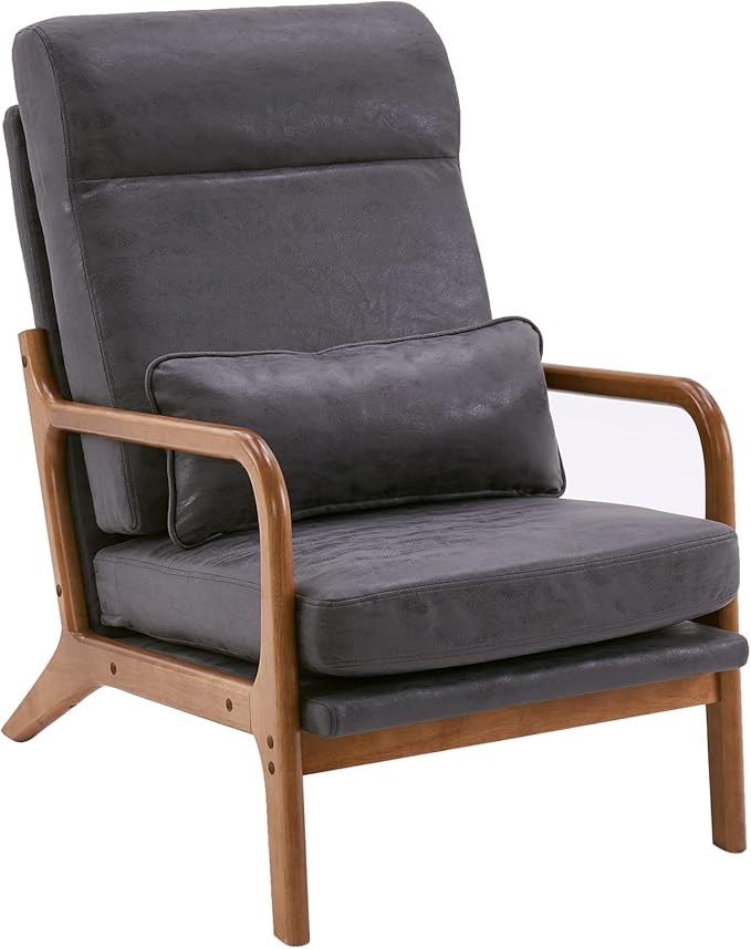 Mid-Century Modern Accent Chair with CushionHigh Back Solid Wood Armrest Chairs Backrest Linen Fabric Indoor Leisure Chair for Living RoomBedroomReadingBalcony (Dark Grey)
