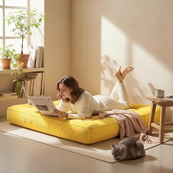 63 Inch Folding Bench Cushion 4 Inch Thick 2-in-1 Convertible Long Floor Lounger Boneless Cushions Couch Mattress Upholstered for Yoga Reading Sleeping Meditation Living Room(Yellow)