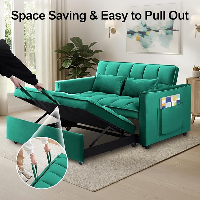 Dreamzie 3 in 1 Convertible Sleeper Sofa Bed 55'' Loveseat Sleeper Sofa Pull Out Couch Bed with Side Pocket &amp Adjustable Backrest for Living Room Velvet Fabric Green