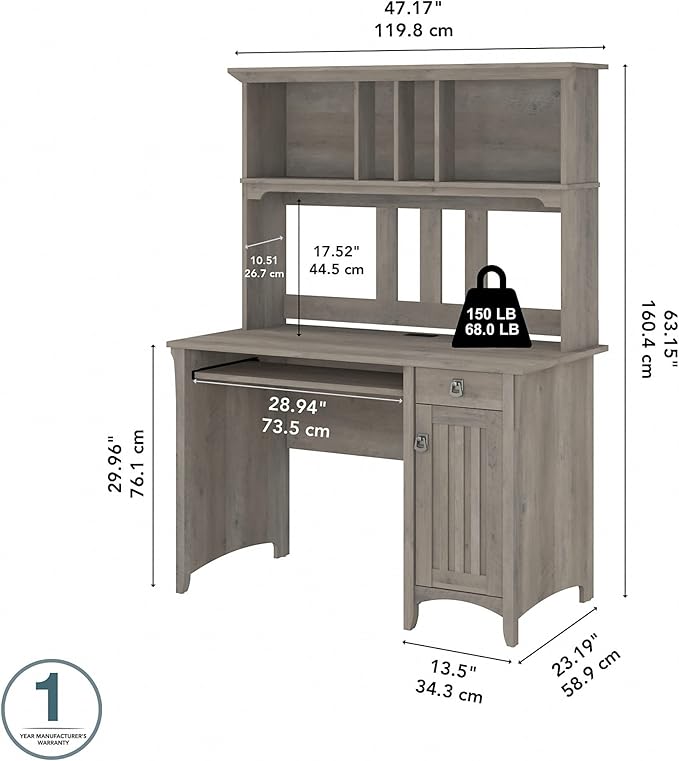 Bush Furniture Salinas Computer Desk with Hutch | Study Table with Drawers Cabinets &amp Pullout Keyboard/Laptop Tray | Modern Home Office Desk in Driftwood Gray | Work Desk with Storage