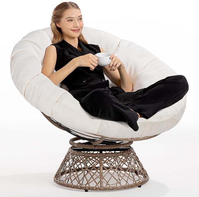 Bme 40 Ergonomic Wicker Papasan Chair with Soft Thick Cushion &amp Frame 360° Swivel Circle Reading Comfy Chair for Living Room Bedroom