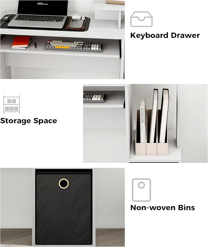 White Computer Desk with Drawers Small Writing Desk with Storage Shelves for Home Office Bedroom Study Living Room