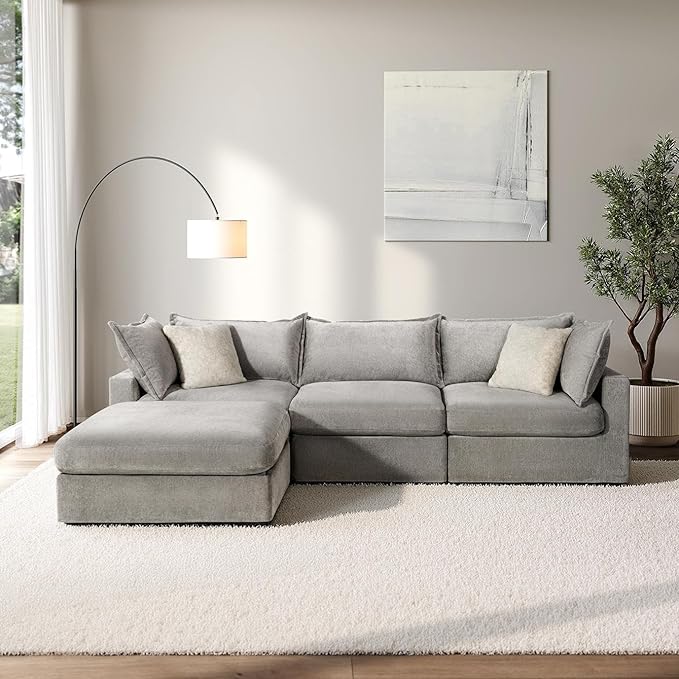 118.5 Modular Sectional Sofa Down Filled Cloud Couch with Storage Ottoman Oversized L Shaped Couch with 2 Pillows 4 Seats Sectional Couches for Living Room Apartment Light Grey