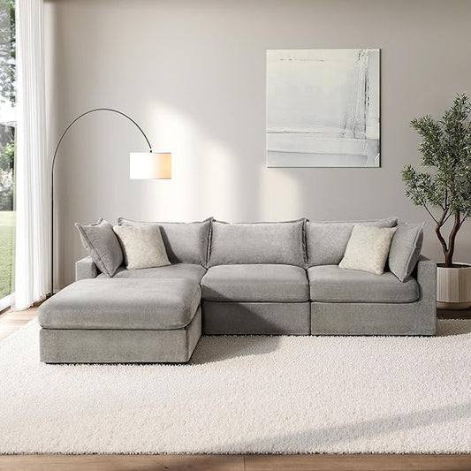 118.5 Modular Sectional Sofa Down Filled Cloud Couch with Storage Ottoman Oversized L Shaped Couch with 2 Pillows 4 Seats Sectional Couches for Living Room Apartment Light Grey