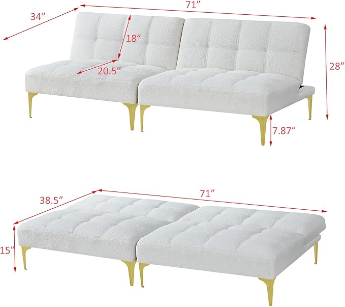 71 Sectional Sofa Bed Convertible Futon Couch with Adjustable Backrest Comfy Loveseat Sleeper with 2 Pillows Modern Armless Love Seat with Gold Metal Legs for Small Living Room Bedroom White