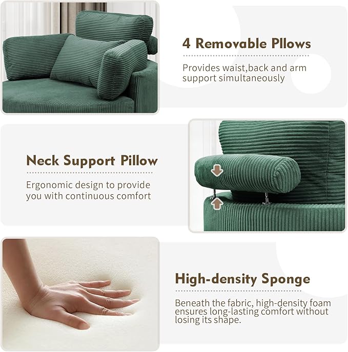 Oversized Swivel Chair with Ottoman 41.3 Swivel Accent Chair Barrel Chairs with USB Charging Port Round Chaise Lounge Indoor with 4 Pillow Reading Chairs for Living Room (Corduroy Olive Green)