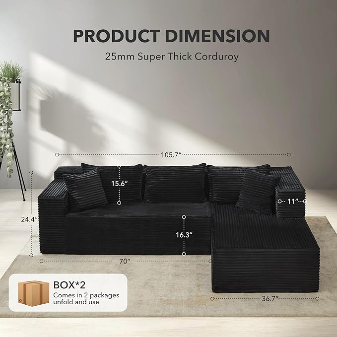 Modular Sectional Sofa Cloud Sectional Couch 106 Comfy Fluffy L Shaped Black Couches for Living RoomOversized Sofa Sleeper with Deep Seat No Assembly Required Black