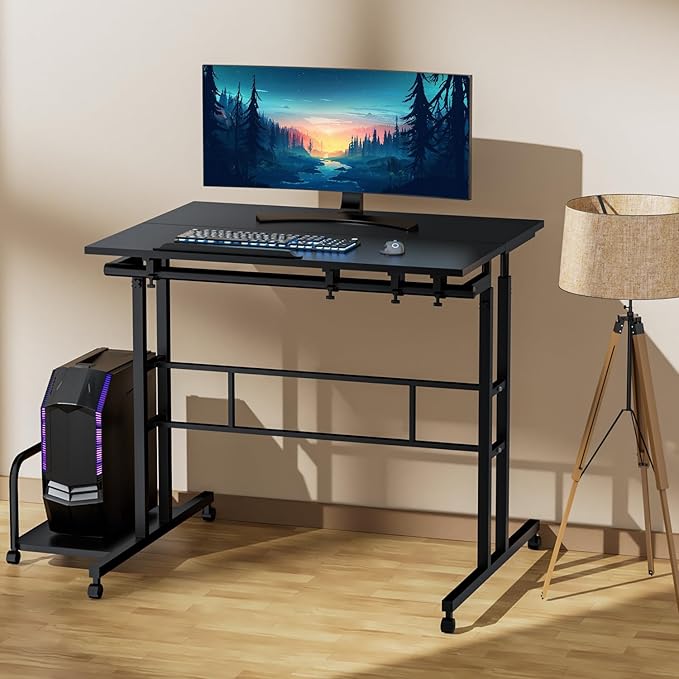 Magshion Standing Desk with Wheels Height Adjustment from 28 to 45 Sit to Stand Up Mobile Computer Desk Rolling Laptop Cart for Home Office Walking Pad Writing and Gaming Black