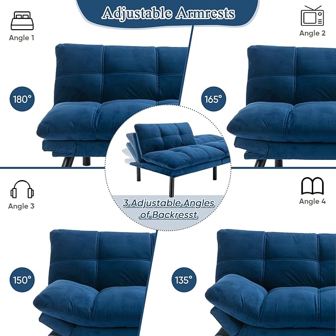 Convertible Velvet Futon Sofa Bed Comfy 72 L Sleeper Couch with Thicker Cushion Upholstered Modern Reclining Loveseat Folding Sofa for Small Living Room Dorm Apartment Office Navy