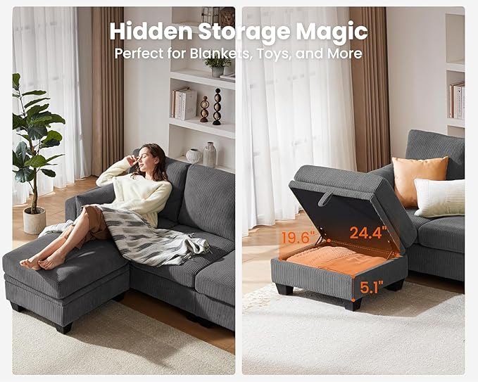 CHIC HOUSE Corduroy Modular Sectional Couch with Ottoman Chaise L/U Shaped Sleeper Sofa for Living Room Apartment Lounge Modern Armrest Neck Support Furniture (Dark Grey5 Seater Sectional)