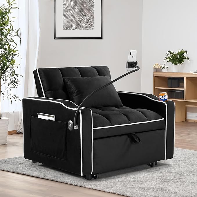 3 in 1 Convertible Sleeper Chair Bed with USB Ports Cup Holder and Phone Stand Velvet Pull Out Futon Sofa Beds Adjustable Backrest Single Sofa Chair for Small Spaces Living Room Office (Black)