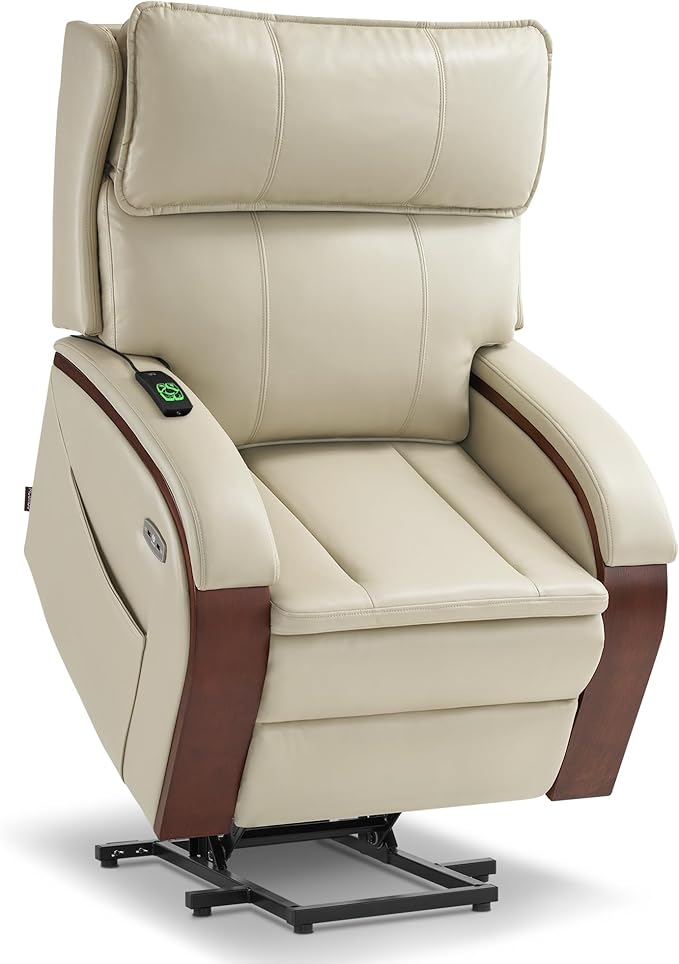 MCombo Power Lift Recliner Chair Sofa with Massage and Heat Adjustable Headrest for Elderly People Solid Wood Armrest USB Ports Side Pockets Faux Leather 7917 (Cream White Medium)