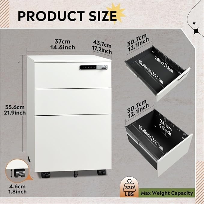 Mobile File Cabinets 3 Drawer Metal Filing Cabinet with Lock Mobile Under Desk Storage for Home Office Fully Assembled