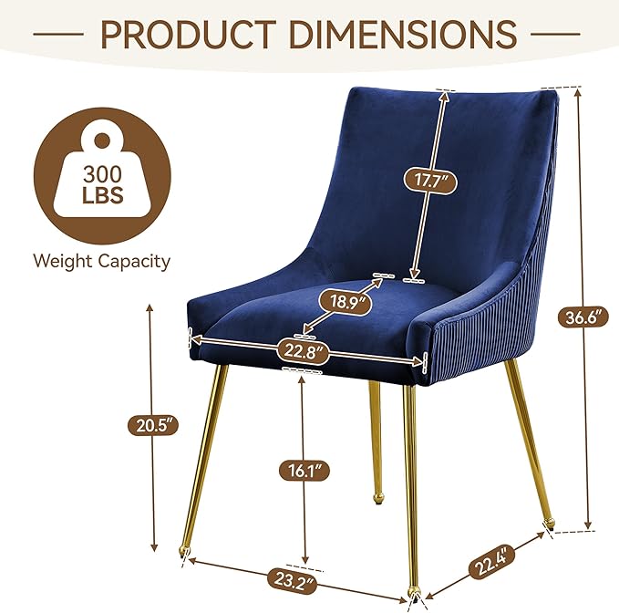 Velvet Dining Chairs Set of 4 Gold LegsUpholstered Velvet Accent Chairs Pleated Back Design &amp Gold Pull Handle Mid Century Modern Chairs for Dining/Kitchen/Living RoomBlue