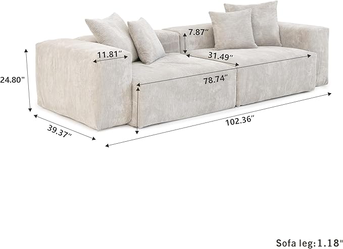 Modular Sectional Sofa 102.36inch Loveseat Sofa Corduroy Fabric Upholstered Couch with 4 Pillows Beige Sofa Couches for Living Room Office Apartment