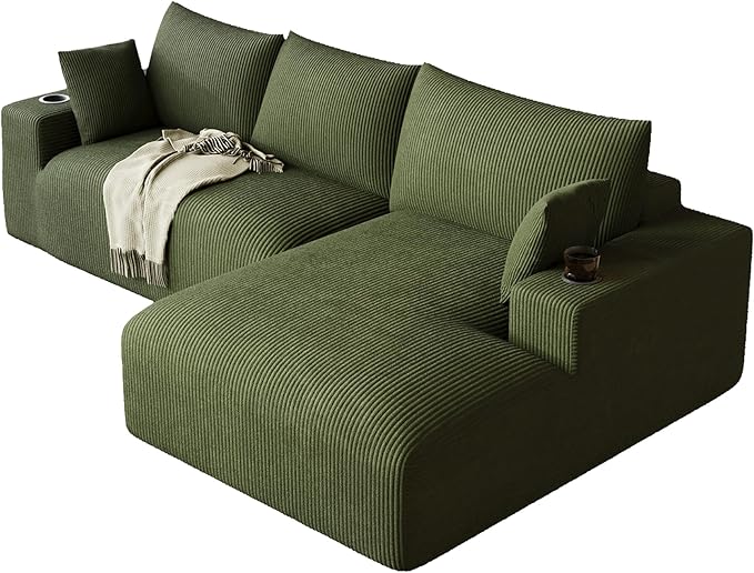 113 Modular Sectional Sofa Cloud Couch Modern Deep Seat Fluffy Corduroy Boneless Couch with Cup Holder Comfy L Shaped Sectional Couches for Living Room Bedroom. (Right Facing Olive Green)