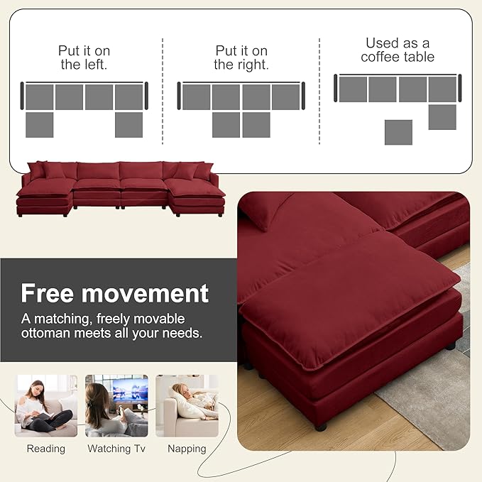 Modular Sectional Sofa143.31'' Modern Sofa Sleeper CouchComfy Cloud Couches with 4 Seat &amp 2 Ottoman &amp 4 Pillows Sofa SetDeep Seat Sofa with Movable Ottoman for Living RoomChenille (Red U