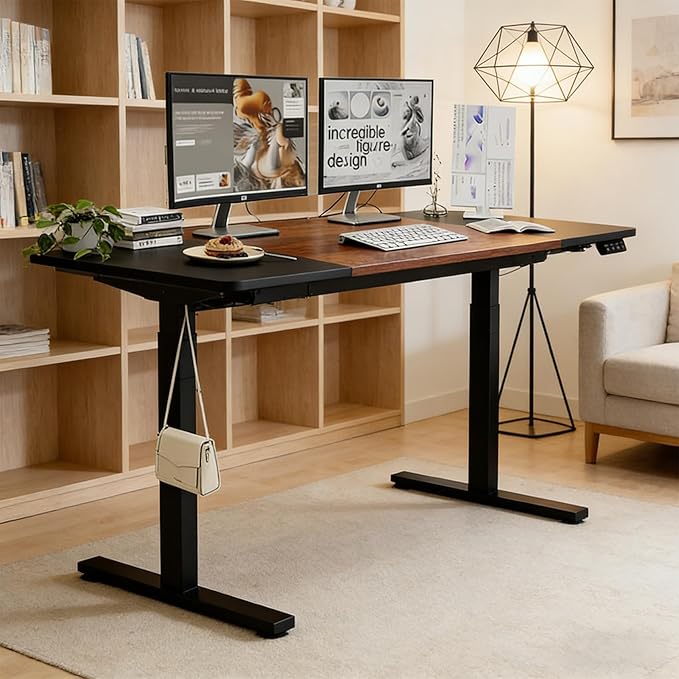 Electric Standing Desk 55 x 24 Inch Height Adjustable Desk Sit Stand Desk with Type-C Charging and Memory Preset Computer Desk for Home Office (Black + Brown)