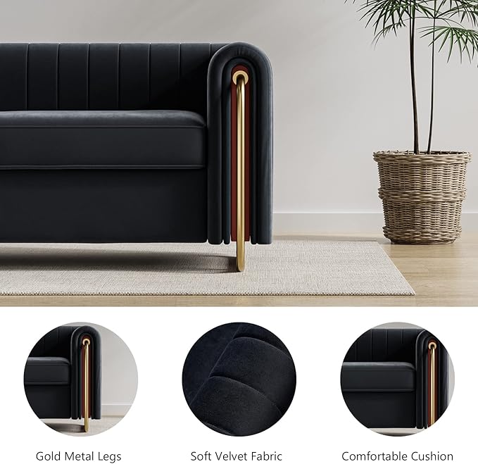 Dolonm Modern Velvet Sofa for Living Room 84 Inches Long Upholstered Sofa Couch with High Armrest and Metal Legs Decor Furniture for Bedroom Office (Black)
