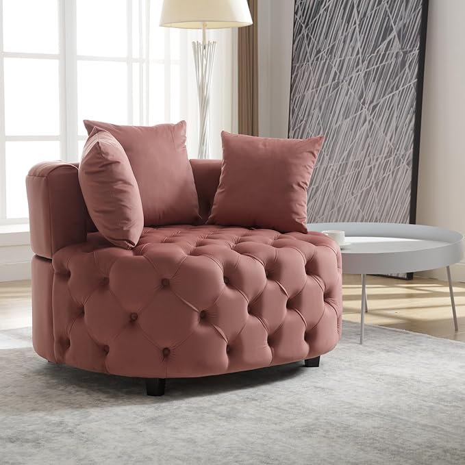 Round Accent Chair 40” Modern Velvet Sofa Chair with 3 Pillows Comfy Upholstered Tufted Club Lounge Chair for Living Room Bedroom Pink