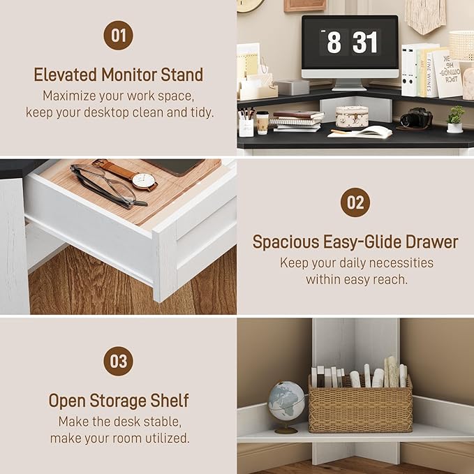 Corner Desk Triangle Computer Desk Home Office Workstation with Drawer and Monitor Stand for Small Spaces Farmhouse Corner Vanity Table for Bedroom Study Living Room (Rustic White and Black)