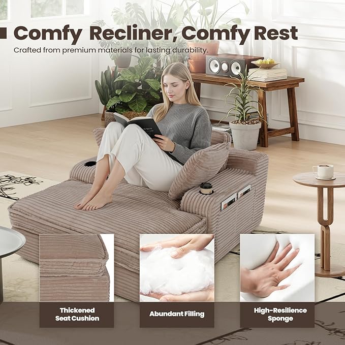67 Chaise Lounge Chair Indoor Cozy Oversized Fluffy Sofa with Cup Holders &amp Throw Pillows Boneless Sleeper Cloud Couch for Living Room Movie Room and Apartments Camel
