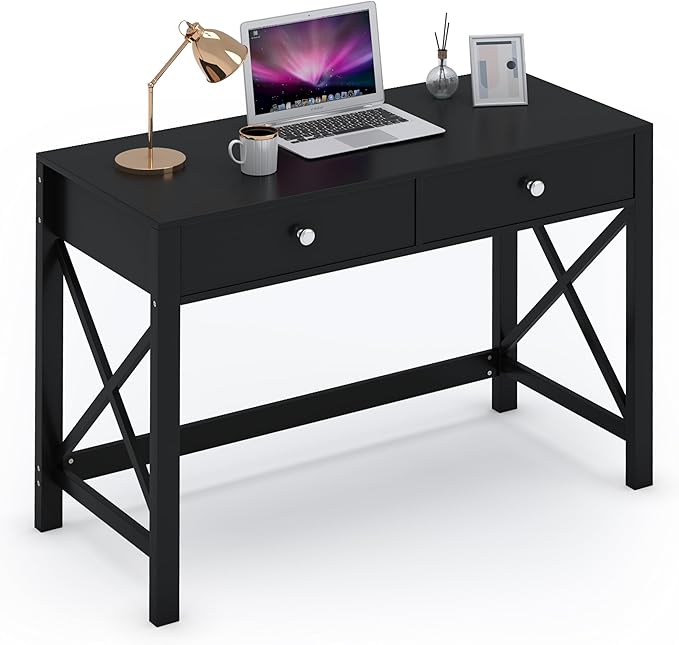 WiberWi Home Office Desk with Drawers Black Modern Writing Computer Desk Small Makeup Vanity Table for Bedroom Study Table for Home Office