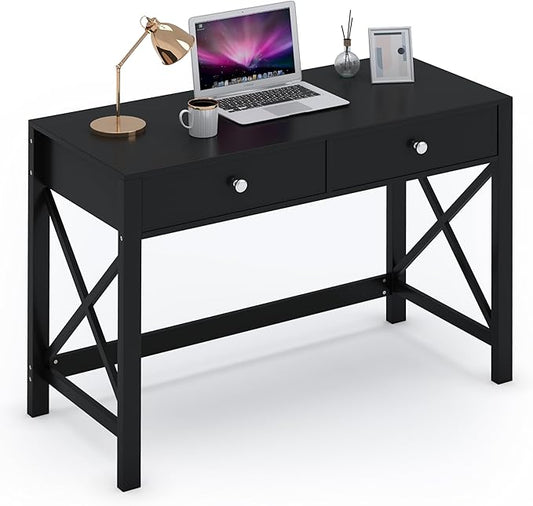 WiberWi Home Office Desk with Drawers Black Modern Writing Computer Desk Small Makeup Vanity Table for Bedroom Study Table for Home Office