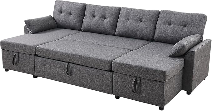 VEVOR U Shaped Sofa Bed Convertible Sofa Bed with 2 Side Pockets 2 Pillows and Double Chaise 6-Seat Pull Out Sleeper Couch with Large Storage Capacity for Living Room Apartment Metal Frame Gray