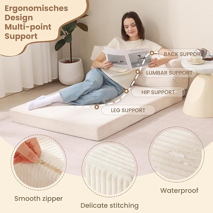 Folding Sofa Bed Convertible Sleeper Chair with Pilow Foldable Matress 2 in 1 Pull Out Loveseat Sofa Portable Fold Out Chair Bed Floor Couch Lounge for Living Room Bedroom (Beige Twin)