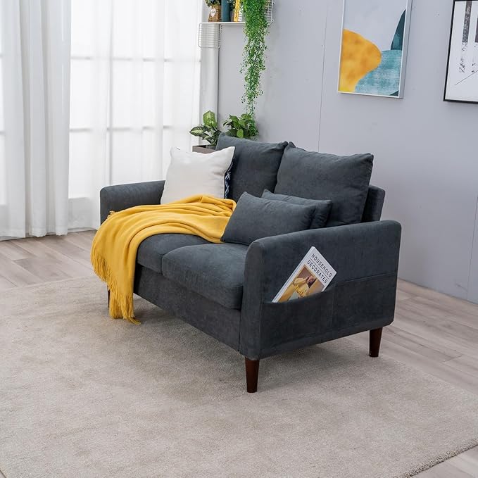 Panana 2 Seater Sofa Lounger Couch with Storage Pocket Armrests Wood Legs Cushion Back Couch Modern Design Compact Home Bedroom Loveseat (Gray Linen 2 Seater loveseat)