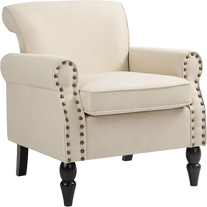 Accent Chair Upholstered Armchair with High Resilience Sponge &amp Wood Legs Mid-Century Modern Comfy Single Sofa Reading Chairs for Living Room Bedroom (Beige Set of 2)
