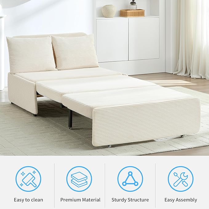 Mjkone 43 Width Sofa Bed Chair Twin Size with Pull Out Couch Beds 2-in-1 Modern Corduroy Living Room Pull Out Sleeper Sofa Chair Bed with Cushions and Throw Pillows for Apartment Home Office Beige