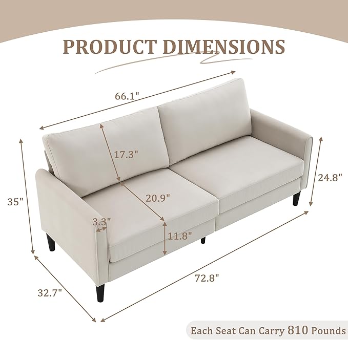 72.8'' Modern Loveseat Sofa Couch for Living Room Bedroom Apartment Dorm Office Small Space Comfy Sofa Easy Assembly Modern Deep Seating with Soft Cushions &amp Sturdy Frame Beige