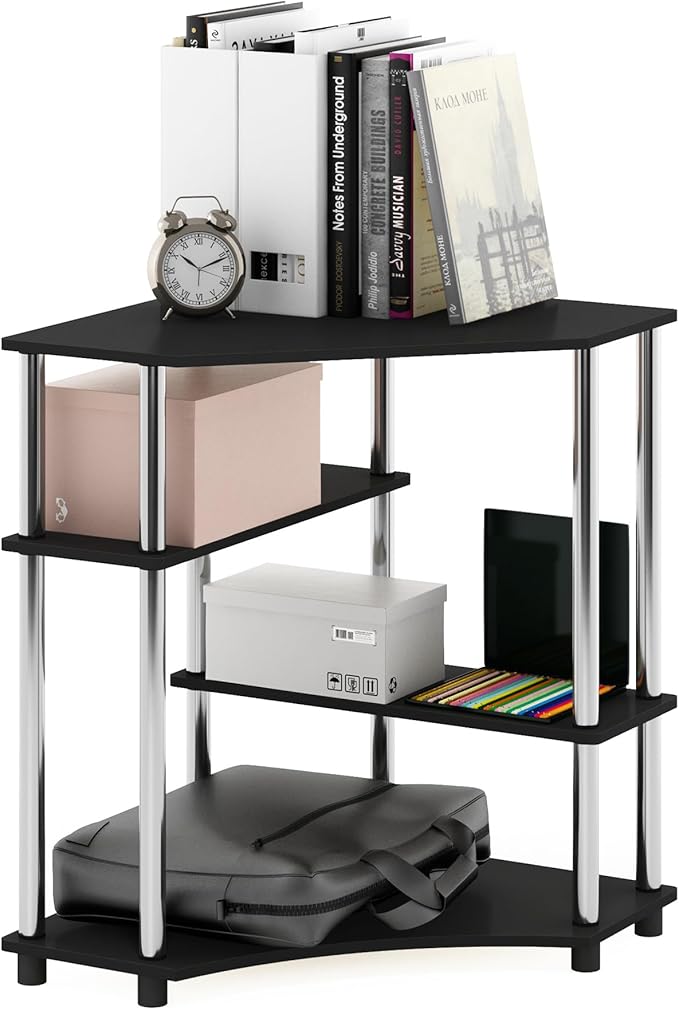 Furinno TURN-N-TUBE Desk Corner Gaming Desk with Storage Shelves Corner Computer Desk Office Desk for Home Office Bedroom Americano/Stainless Steel Tubes