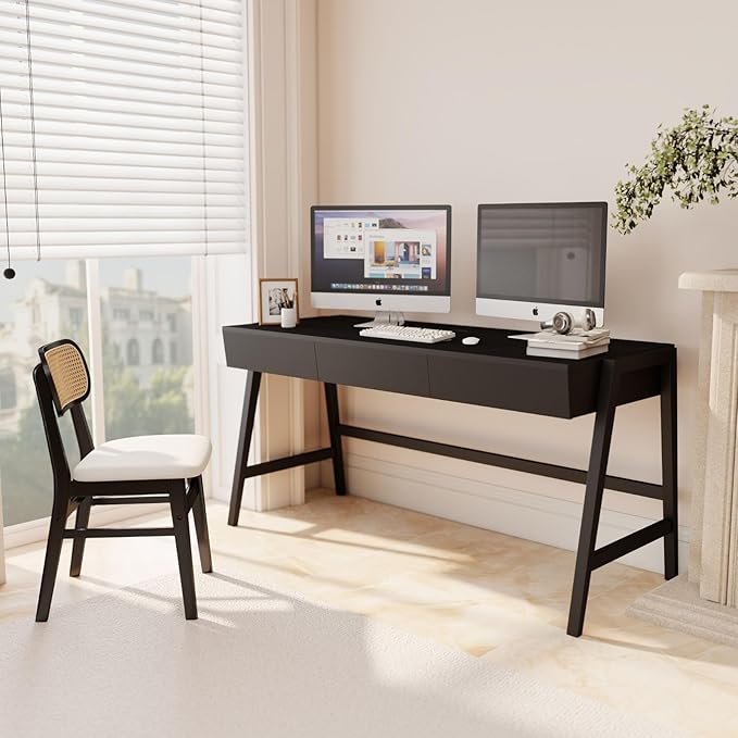 Black Wood Desk with Drawers Home Office Desk Mid Century Modern Writing Table for Bedroom Vanity Living Room Study Workstation