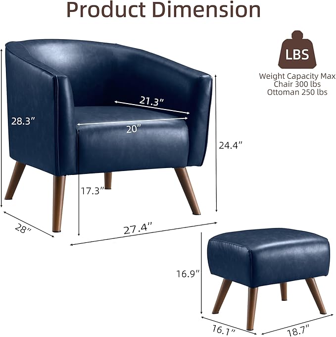 EJUNQ Accent Chair with OttomanModern Barrel Chair and FootrestMid Century Living Room ChairsUpholstered Armchair for Living Room/Bedroom/Reception Room/OfficeDark Blue