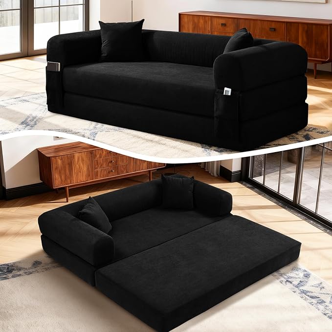 4-in-1 Folding Convertible Sofa Bed 80 Inch Oversized Corduroy Boneless Couch Loveseat Sleeper with Pull Out Bed Floor Sofa Modular Futon Teddy Sofa for Living Room Bedroom Lounge Light Green