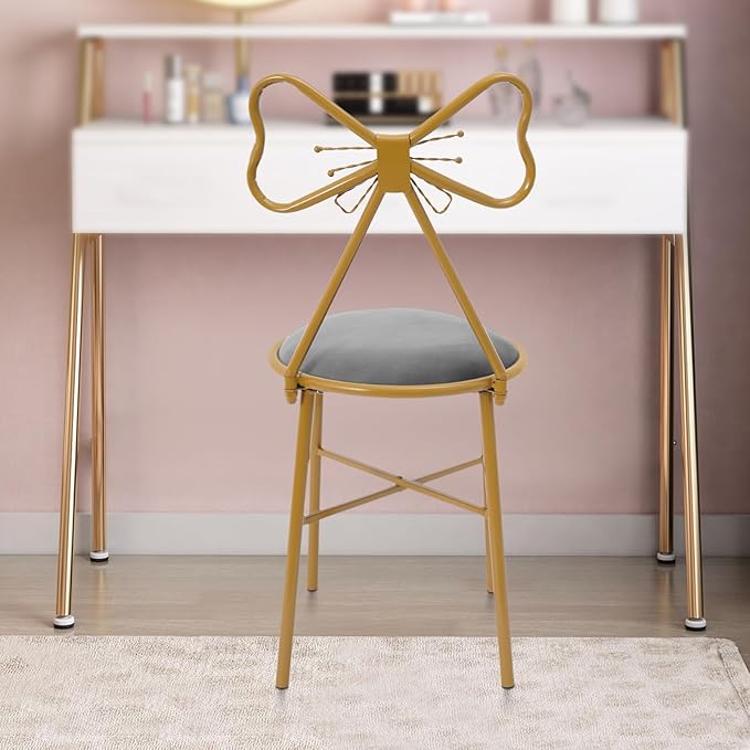 Modern Vanity Chair StoolCute Makeup Chair w/Butterfly BackrestGirl's Stool Ottoman BenchMetal Bench Legs Gold Dining ChairBow Knot Design Seat for Bedroom Living Room (Grey Velvet)