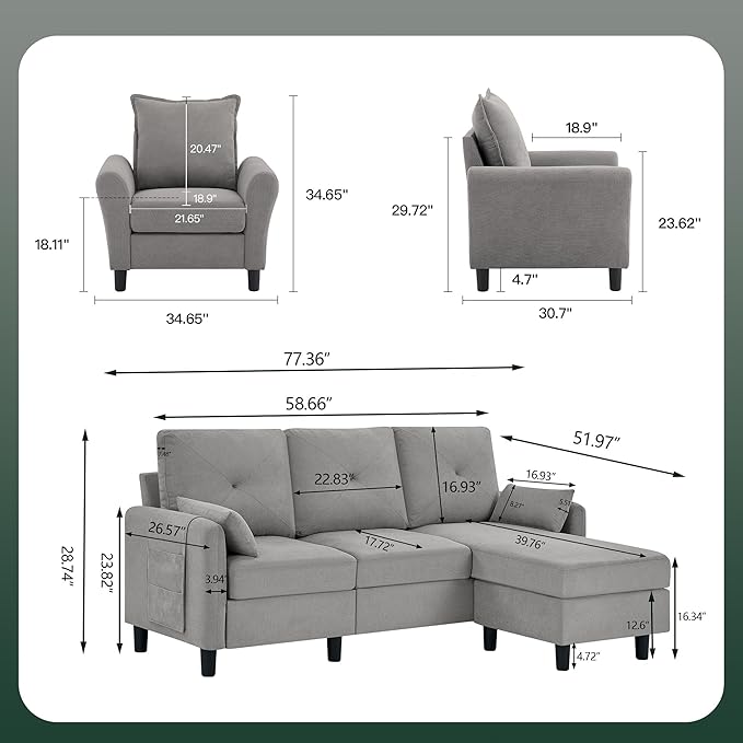 2 Piece Sectional Sofa Set Modern Convertible Sectional Sofa 3 Seat L Shaped Sofa and Chair with Storage Ottoman for Living Room ApartmentLight Grey