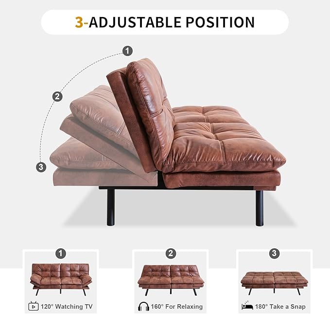 MUUEGM Faux Leather Futon Bed Convertible Memory Foam Sofa Bed Modern Love Seat for Living RoomCompact SpaceApartmentOfficeAdjustable Backrests Armrests Couch Sleeper71 Sofas Brown