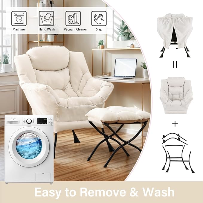 Lazy Chair with Ottoman Large Beige Accent Chair with Ottoman Comfy Reading Armchair Leisure Sofa Chair for Living Room Bedroom Dorm Room Office