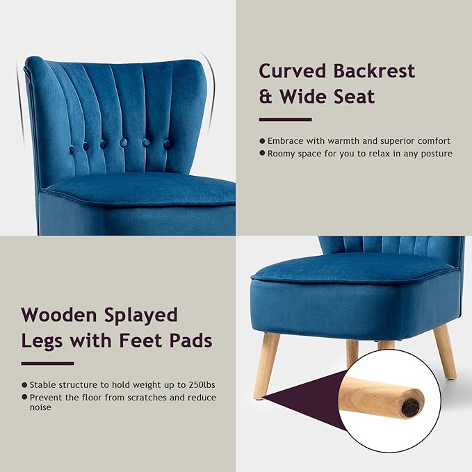 S AFSTAR Armless Accent Chair Wingback Velvet Sofa Chair with Solid Rubber Wood Legs &amp Thick Padded Seat Upholstered Leisure Club Chair for Living Room Guest Room Coffee Shop (1 Blue)