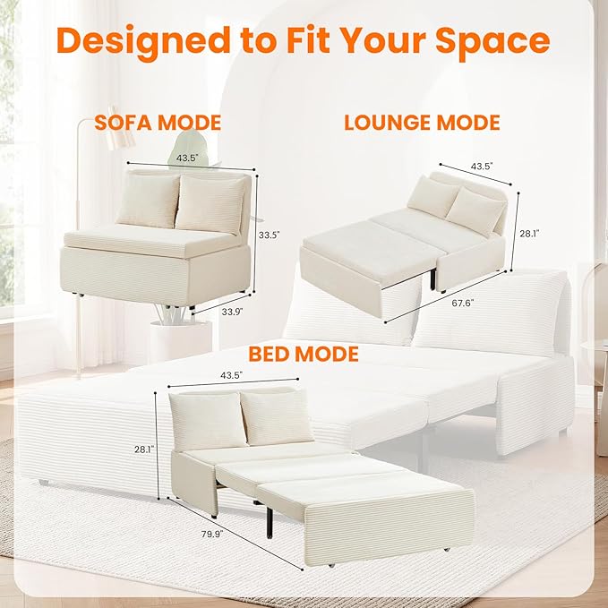 ijuicy 3 in 1 Pull Out Sofa Bed Twin Corduroy Sleeper Sofa with Pullout Bed Convertible Loveseat Couch Beds with Pillows and Tri-fold Mattress for Small Spaces Apartment-Beige