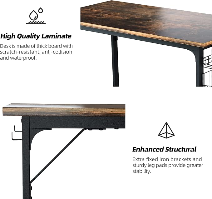 ASTARTH Study Computer Desk-55 Inch Home Office Desk Wood Storage Table Modern Writing Style Laptop Table Black Metal Frame PC Table with Storage Basket and Headphone Hooks Rustic Brown